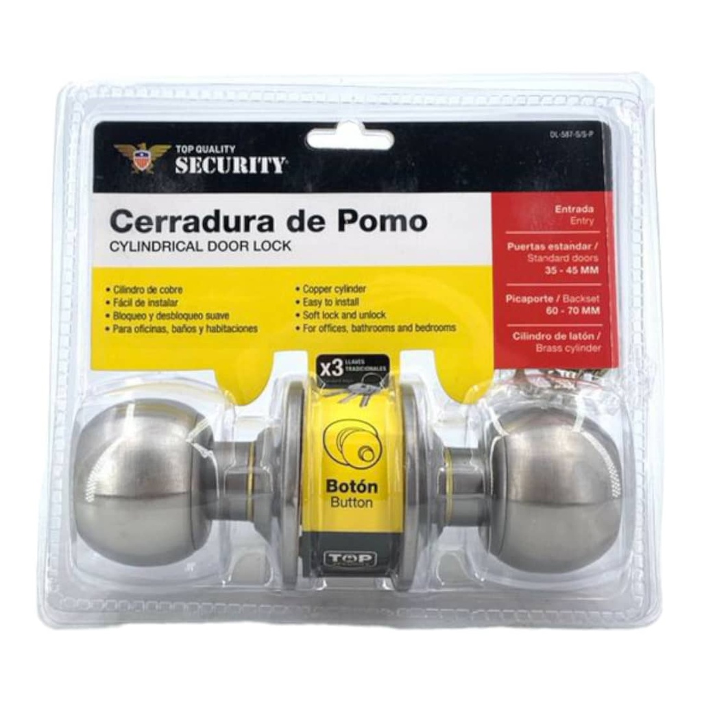 CERRADURA PARA HABITACION BOTON PLATA POMO