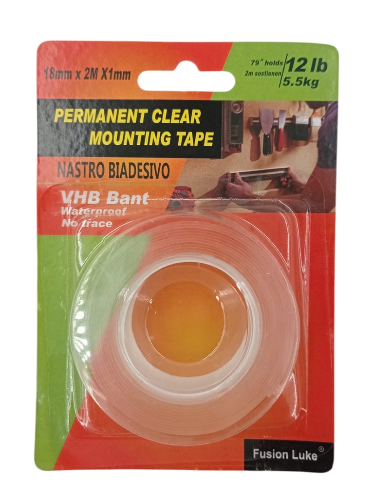 CINTA DOBLE FAZ TRANSPARENTE 18mm x 2Mts x 1mm