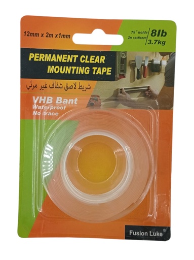 [F0300000567] CINTA DOBLE FAZ TRANSPARENTE 12mm x 2Mts x 1mm